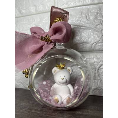 Γυάλινη μπάλα με αρκουδάκι και ροζ φιόγκο – χειροποίητο χριστουγεννιάτικο διακοσμητικό V by V